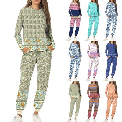 Kadınlar İçin Setler 2 Parça Yuvarlak Yaka Uzun Kollu Tişörtler Baskılı Eşofman Altı Cepli Setler