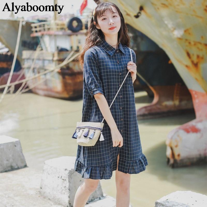 Cotton Linen Ruffles Shirt Dress 