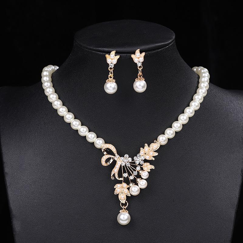 Elegant Pearl and Alloy Floral Jewelry Set: Water Drop Necklace & Earrings for Women