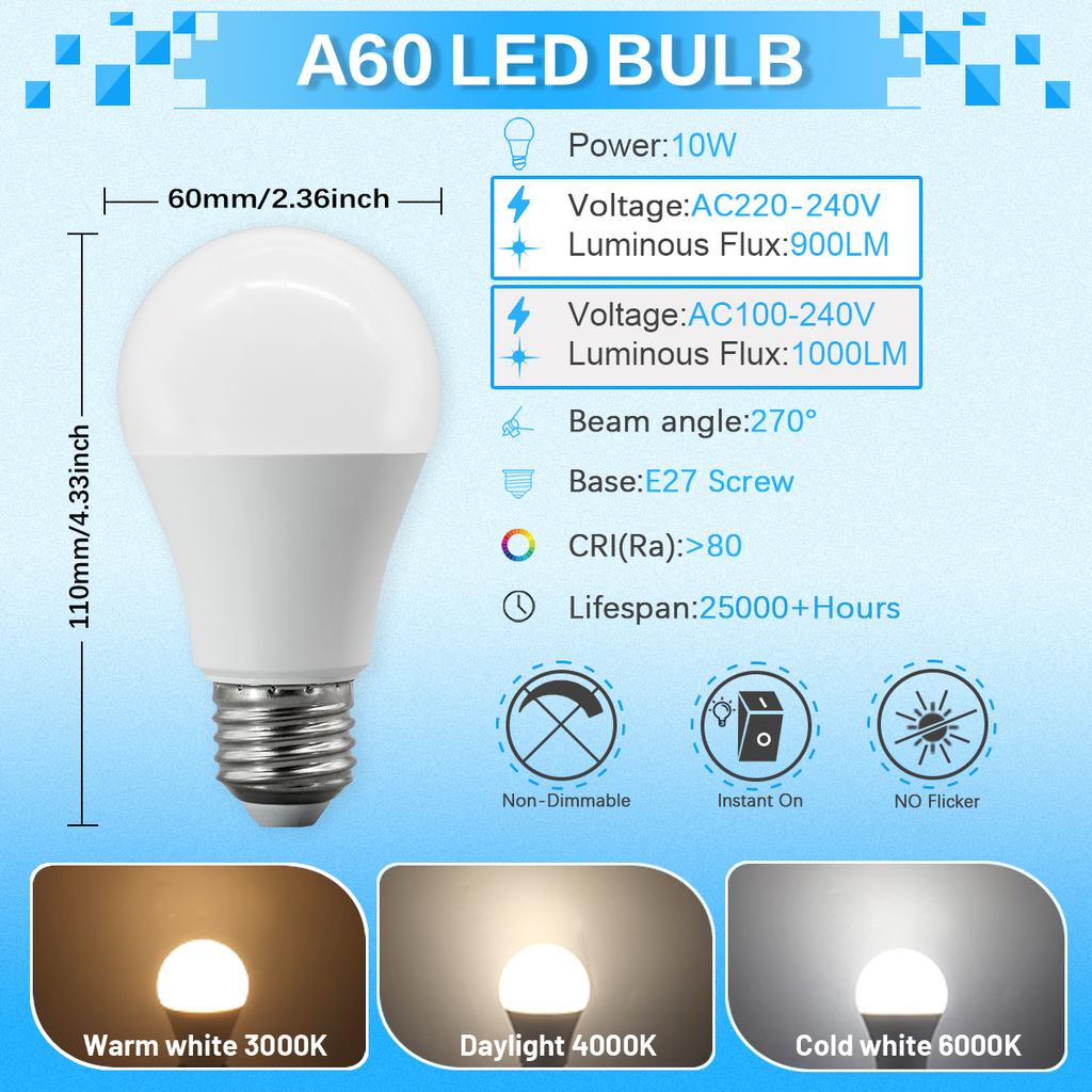 A60 A80 LED Bulb Lamps 8W 9W 10W 12W 15W 18W 20W 24W  Light Bulbs AC 220V 110V E27 Daylight Lighting for Home Foyer Room Decor