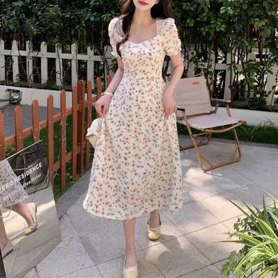 Elegant French Floral Dress: Ladylike Tea Dress for Spring & Summer, Medium-Length, Slim Waist, Short-Sleeved.