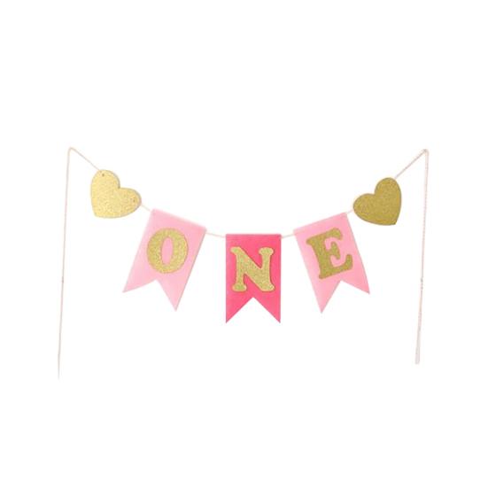 

Baby Boy Girl First Birthday Banner Glitter ONE Heart Highchair Bunting Decor розовый