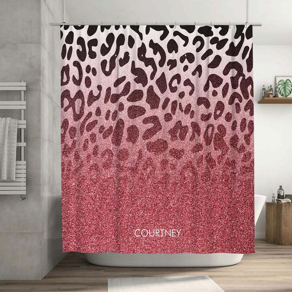 Pink leopard print glittery shower curtain with custom name personalized waterproof fabric bathroom decor S size (60x72 inches)