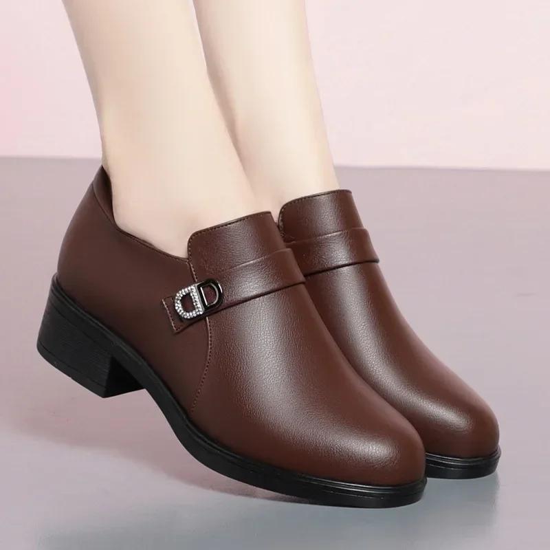 Spring Deep Mouth Block Heels Women Shoes Comfort Fashion Breathable Round Toe Soft Leather Soft Sole Office Black Shoes