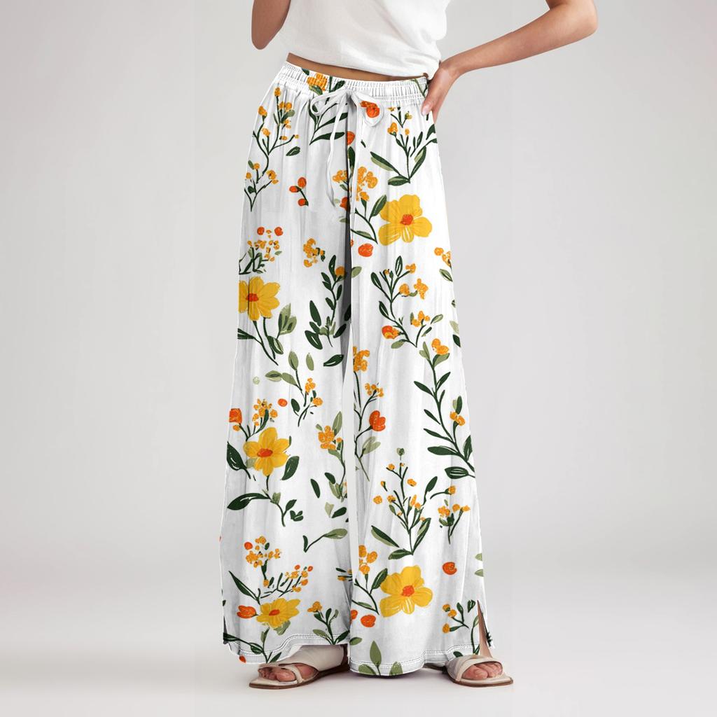 Women’s Wide Leg Pants High Waist Drawstring Loose Fit Lightweight Floral Print Trousers for Casual Summer Wear