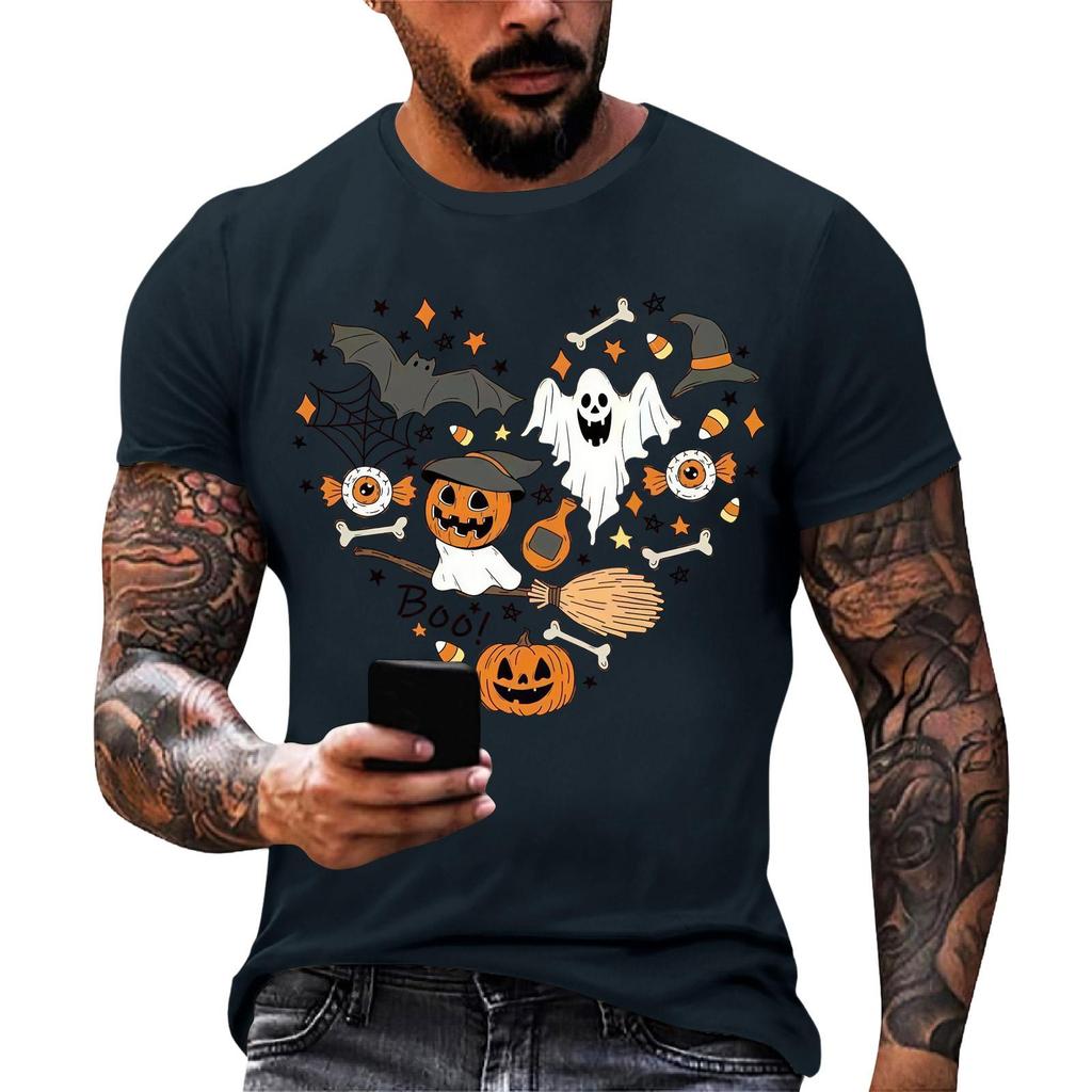 Men Casual Short Sleeve Halloween Print Tee Crew Neck Cotton Fit T Shirt for Everyday Wear and Sports