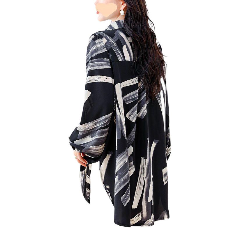 Printed Mid Length Spring and Autumn Long Sleeved Shirt for Outerwear Undershirt Top Women's Shirt