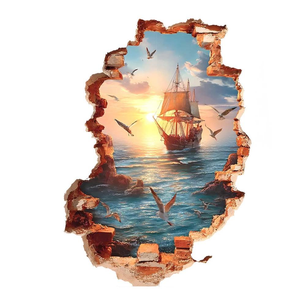 3D Breaking Wall Sea View Wall Sticker Sailboat Decorative Sticker Wall Decal  Entrance Hall sea sailboat
