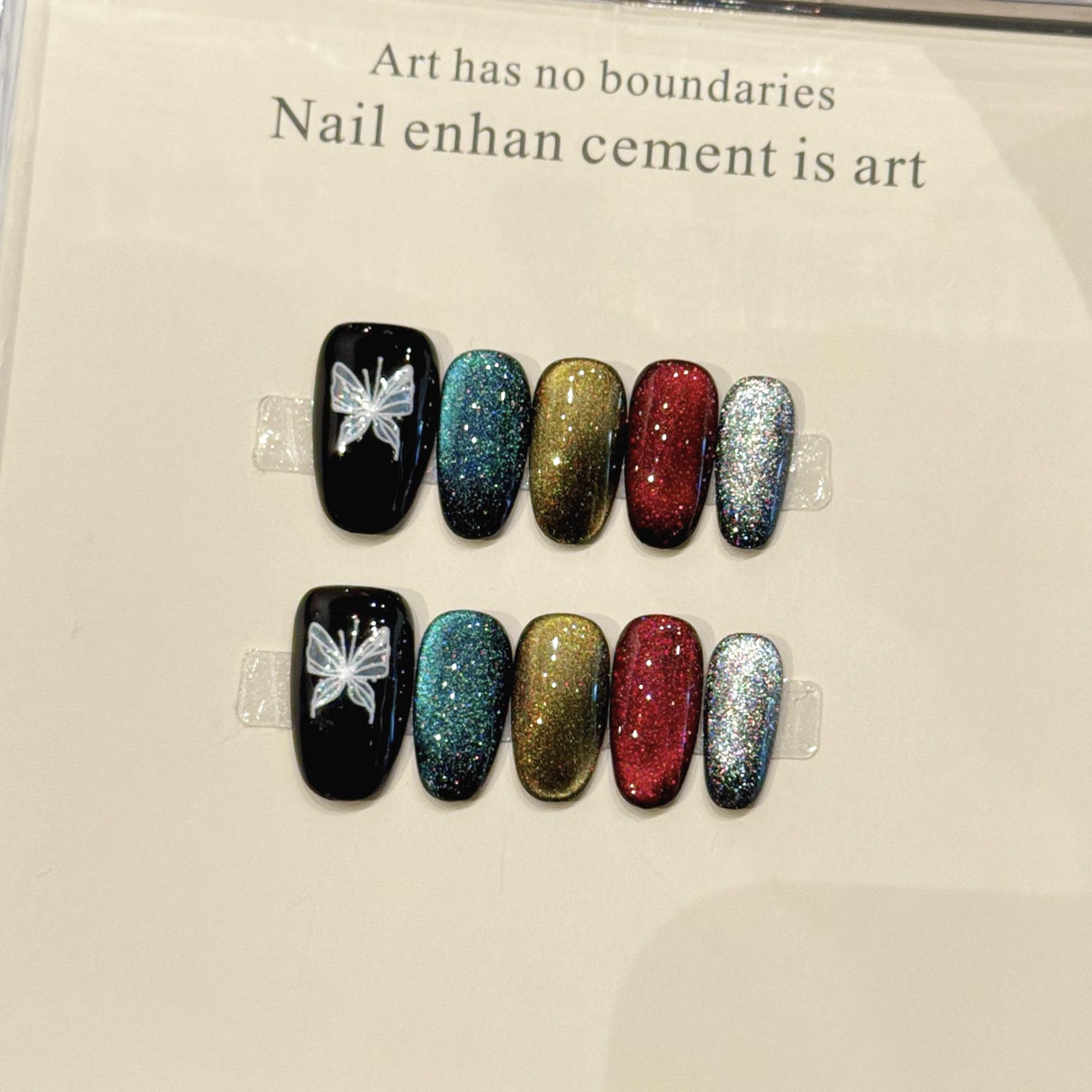 

Блестящие разноцветные накладные ногти «кошачий глаз» эллиптической формы, гелевые, клеевые, полное покрытие, многоразовые, акриловые овальные накладные ногти для женщин L