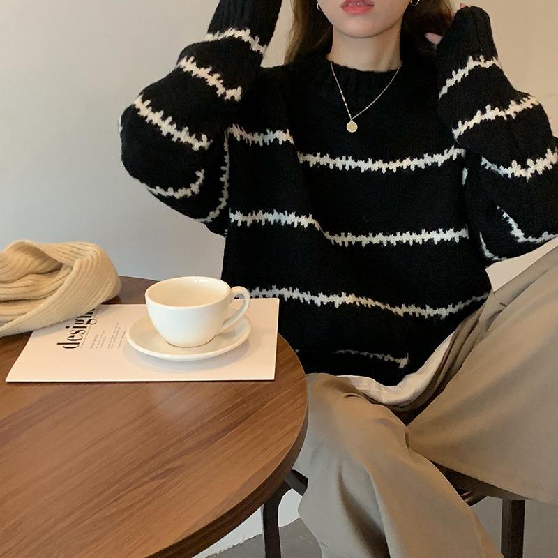 Simple Striped Knitted Sweater Women's Autumn and Winter Crew Neck Loose Sweater Jacket Top Trendy Casual Versatile