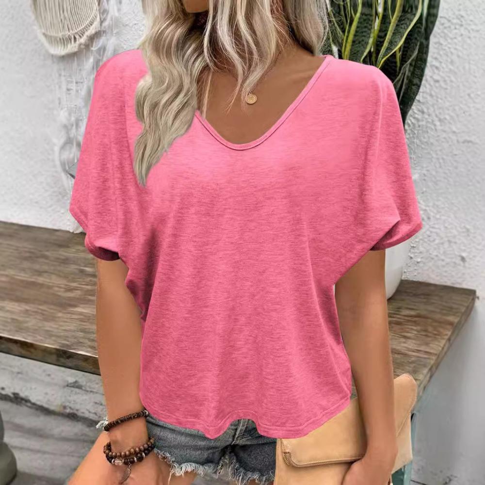 Camiseta feminina sólida com decote em V casual solta top plus size camiseta de manga curta