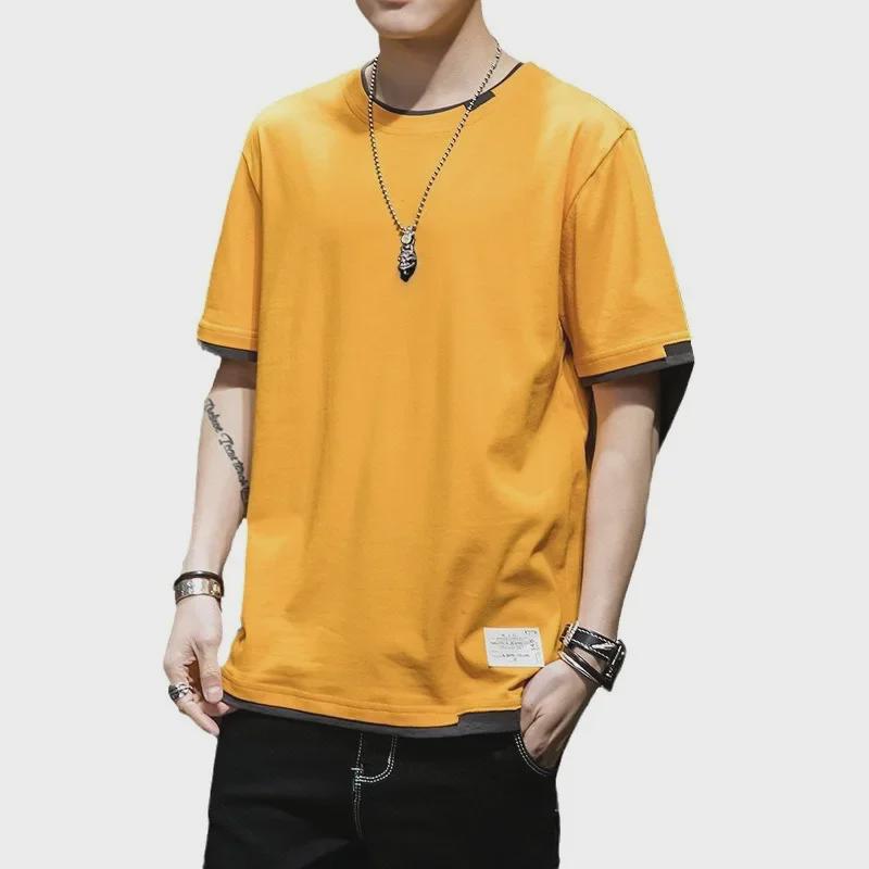 Men's Short-Sleeve Two-Piece Look Cotton T-Shirt, Loose & Breathable Hong Kong Style, Comfortable Spring/Summer Casual Innerwear Trend
