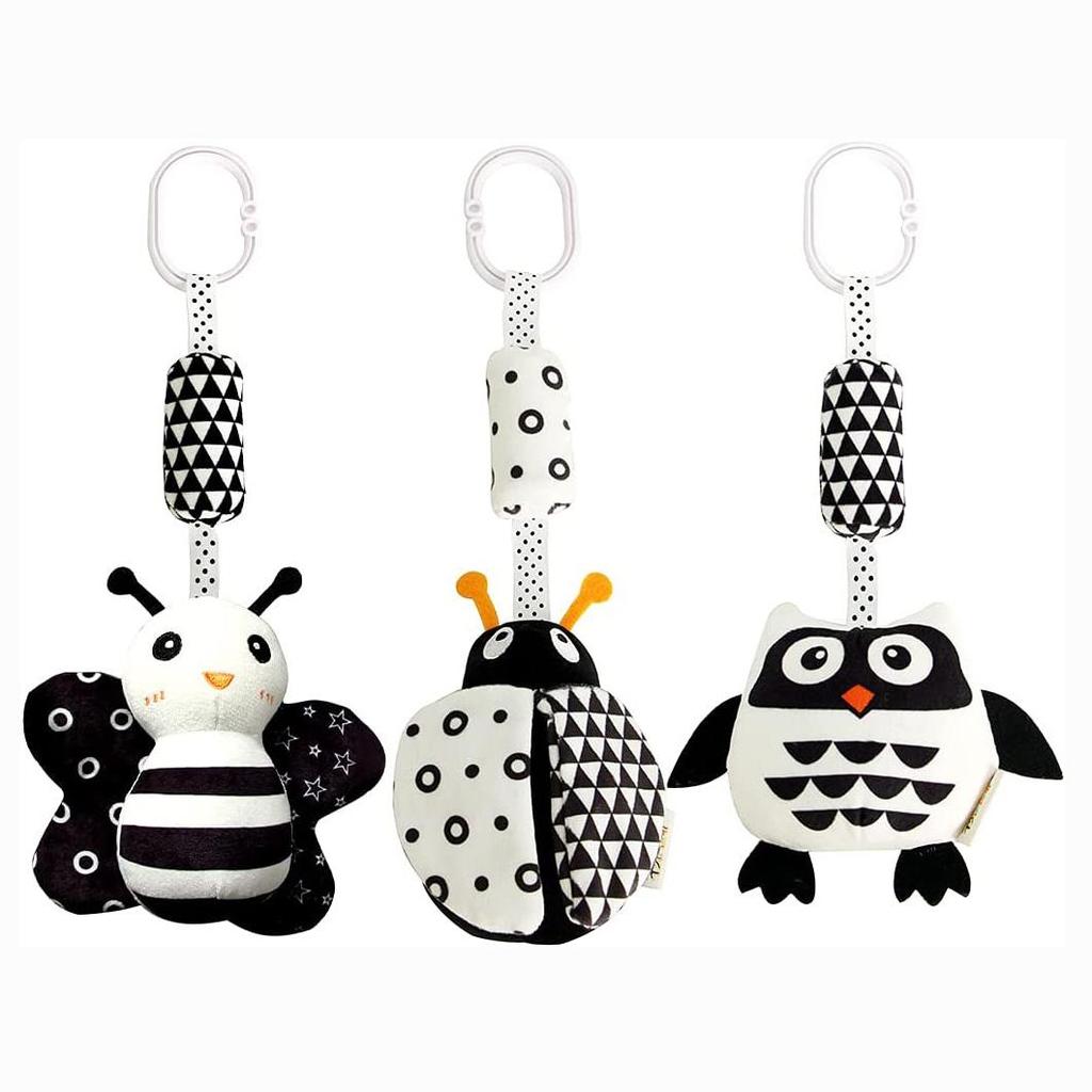 3 Pack Hanging Rattle Toys,Cartoon White Black Stuffed Stroller Plush Toys for Newborn 0-18 Month Baby Bed Crib Toys with Wind Chimes (Zebra,Deer&Cow)