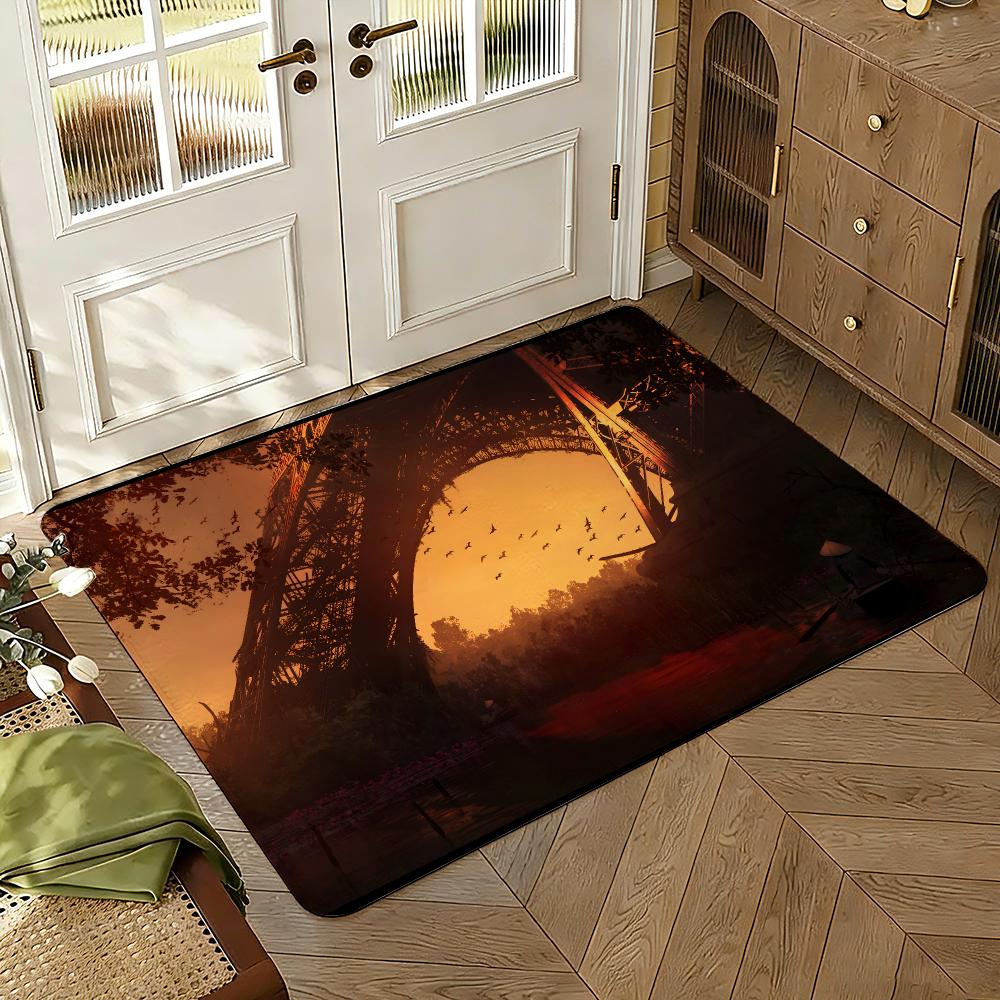 The Eiffel Tower Floor Mat Soft Thickened Absorbent Non-Slip Bedroom Living Room Door Mat Home Decor Flannel Rugs