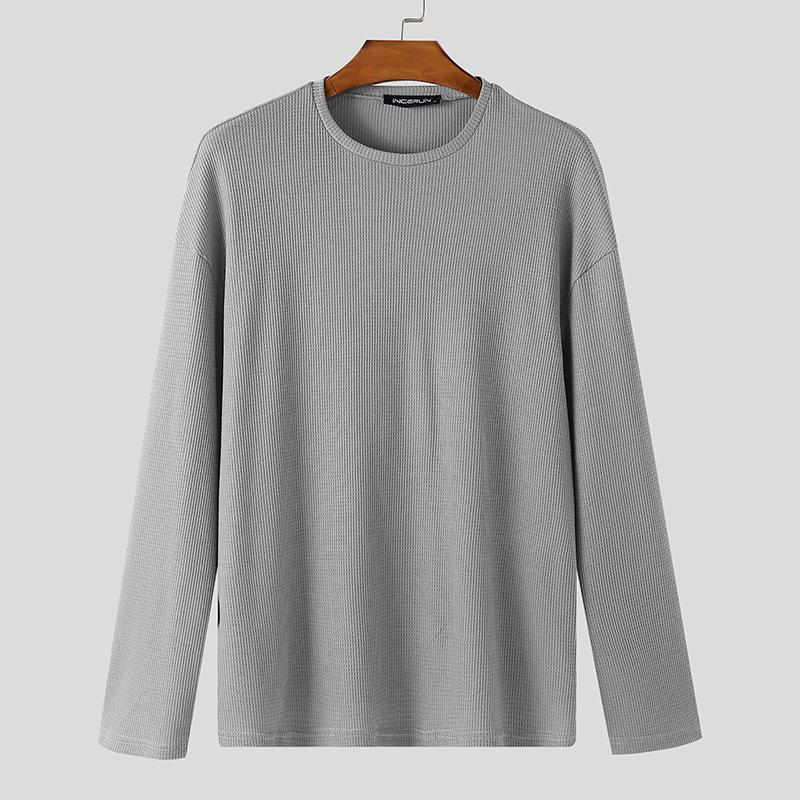 INCERUN Men Round Neck Long Sleeve Texture Casual Tops T-shirts