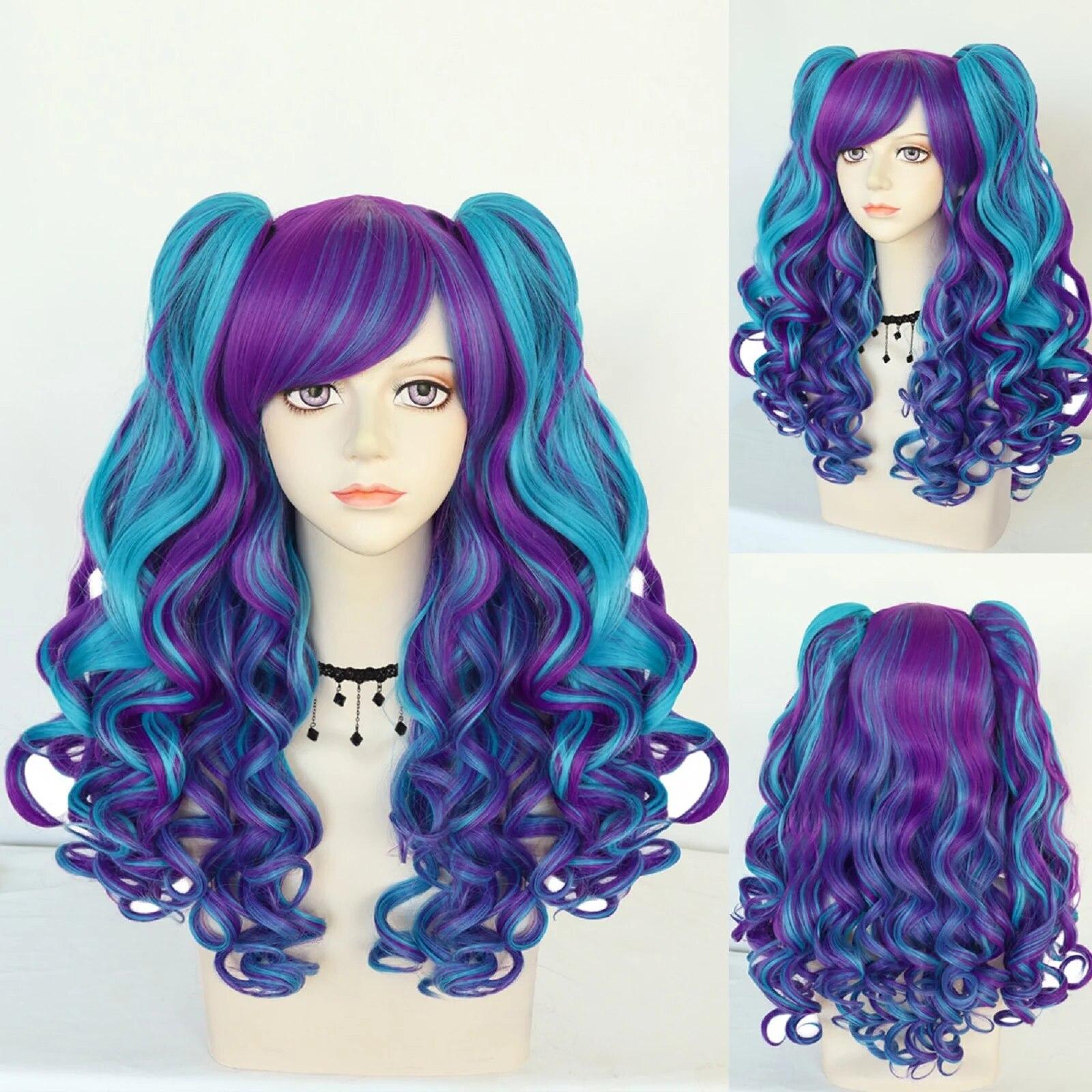 

Косплей парик с хвостиком Синтетический длинный цветной вьющийся парик для косплея Лолиты для девочек с двойными хвостиками и 1 шт. Кепка для парика 24inches