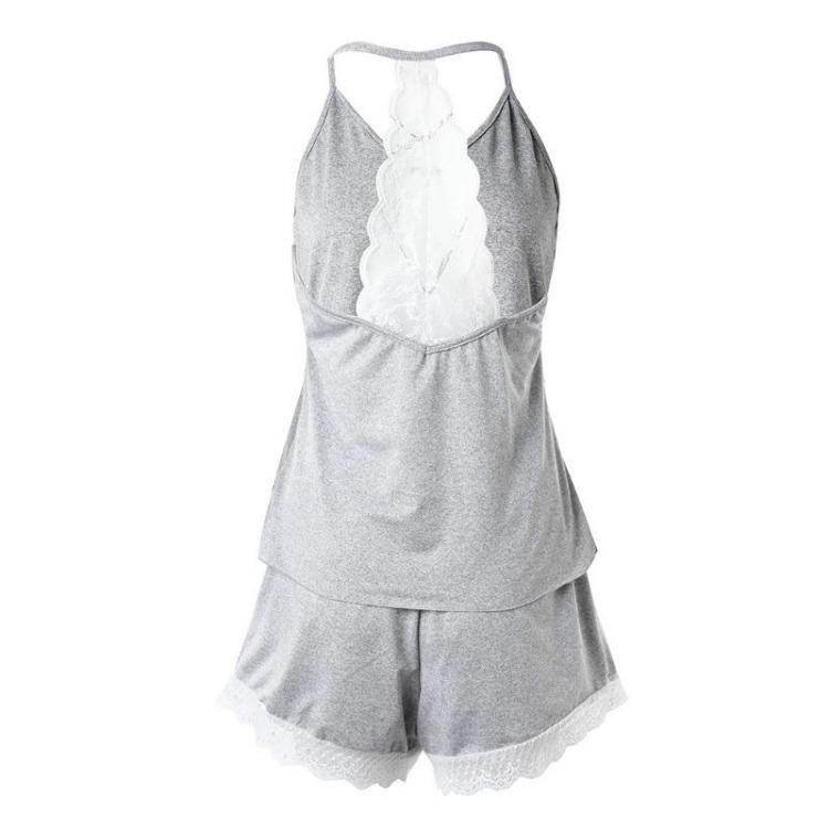 Women's Sexy Sleeveless V-Neck Crochet Lace Pajamas Set 2 Piece Casual Solid Home Clothes Daily Wear Suit