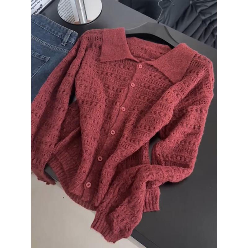 

Crew neck hollow lace knitted cardigan women s early autumn new fashion versatile age-reducing sweater jacket One Size багряний