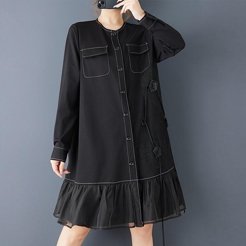 Long Sleeve Plus Size Vintage Black Floral New In Dresses for Women Casual Loose Midi Spring Autumn Dress
