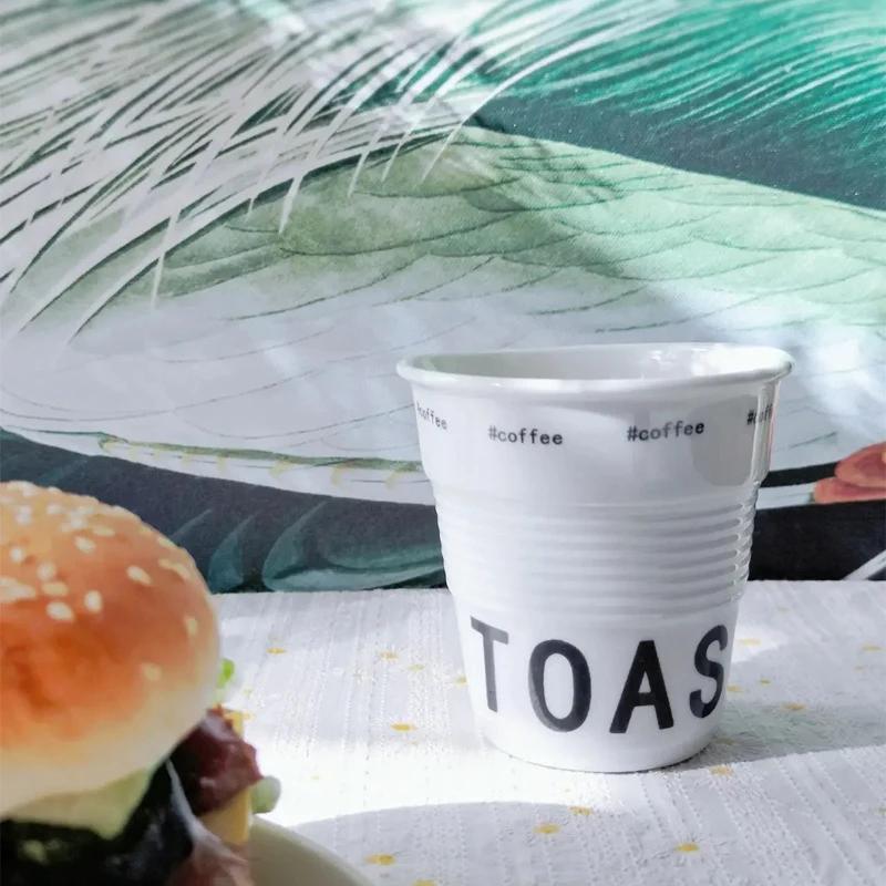 Korean Style Cups Irregular Ceramic Coffee Mug White Hand-pinch Nordic Wrinkle Cup English Letter Style 200ml Drinking Tumbler