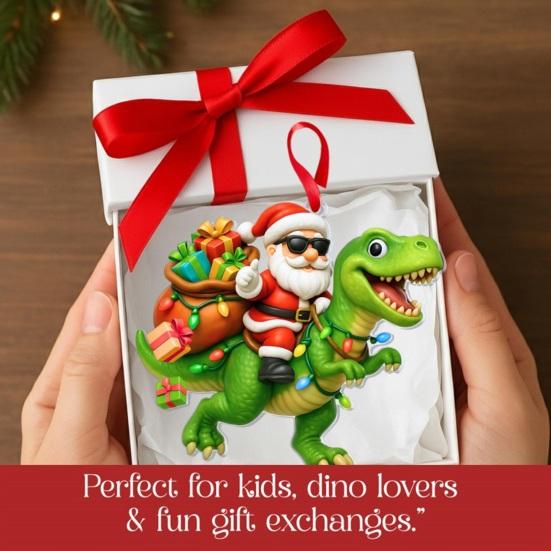 Santa Riding Dinosaur Ornament Funny Santa Claus Acrylic Hanging Decoration Novelty Dino Christmas Tree Ornament for Kids Boys Men