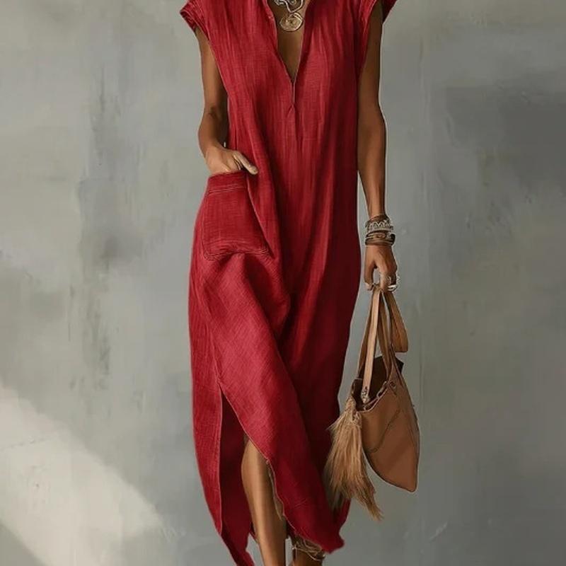 Abbigliamento Donna Estate Stile Europeo Abito Lungo Cotone Senza Maniche Monocolore Vestibilità Larga Scollo a V Casual