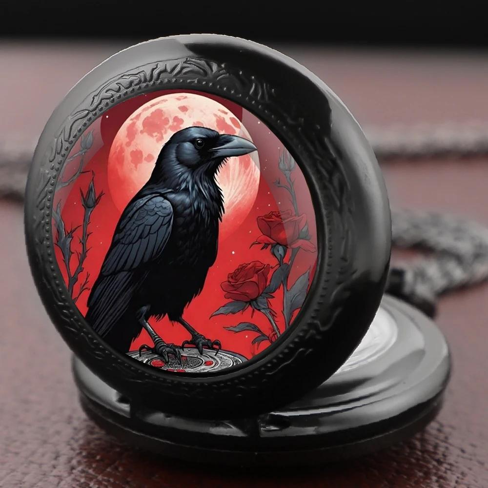 10pcs/lot Raven Red Moon Rose Black Quartz Pocket Watch Vintage Women Necklace Arabic Chain Clock Men Gifts Relgio