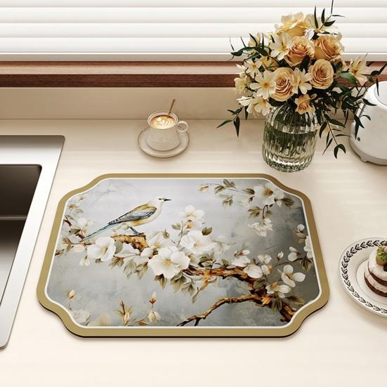 Absorbent Coffee Bar Mat for Espresso Machine, Floral Bird Pattern Non-slip Dish Drying Mat, Diatom Mud Quick Dry Mat for Kitchen Sink Countertop