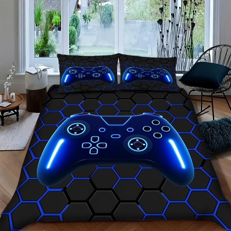 2/3Pcs Game Controller Pattern Duvet Cover Set Light Blue Trendy Digital Print Bedding with Zipper Machine Washable
