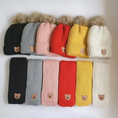 Warm Knitted Young Kids Beanie Scarf Set for Boy Girl Cute Cartoon Bear Crochet Bonnet for Toddler Autumn Winter Knitted Hat
