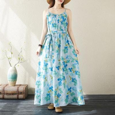 Sleeveless Strap Plus Size Cotton Vintage Floral New In Dresses For Women Casual Loose Long Summer Dress