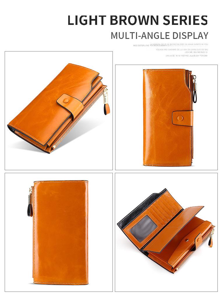 Genuine Leather RFID Anti-Theft Ladies Long Wallet Clutch with Brush Wax Finish