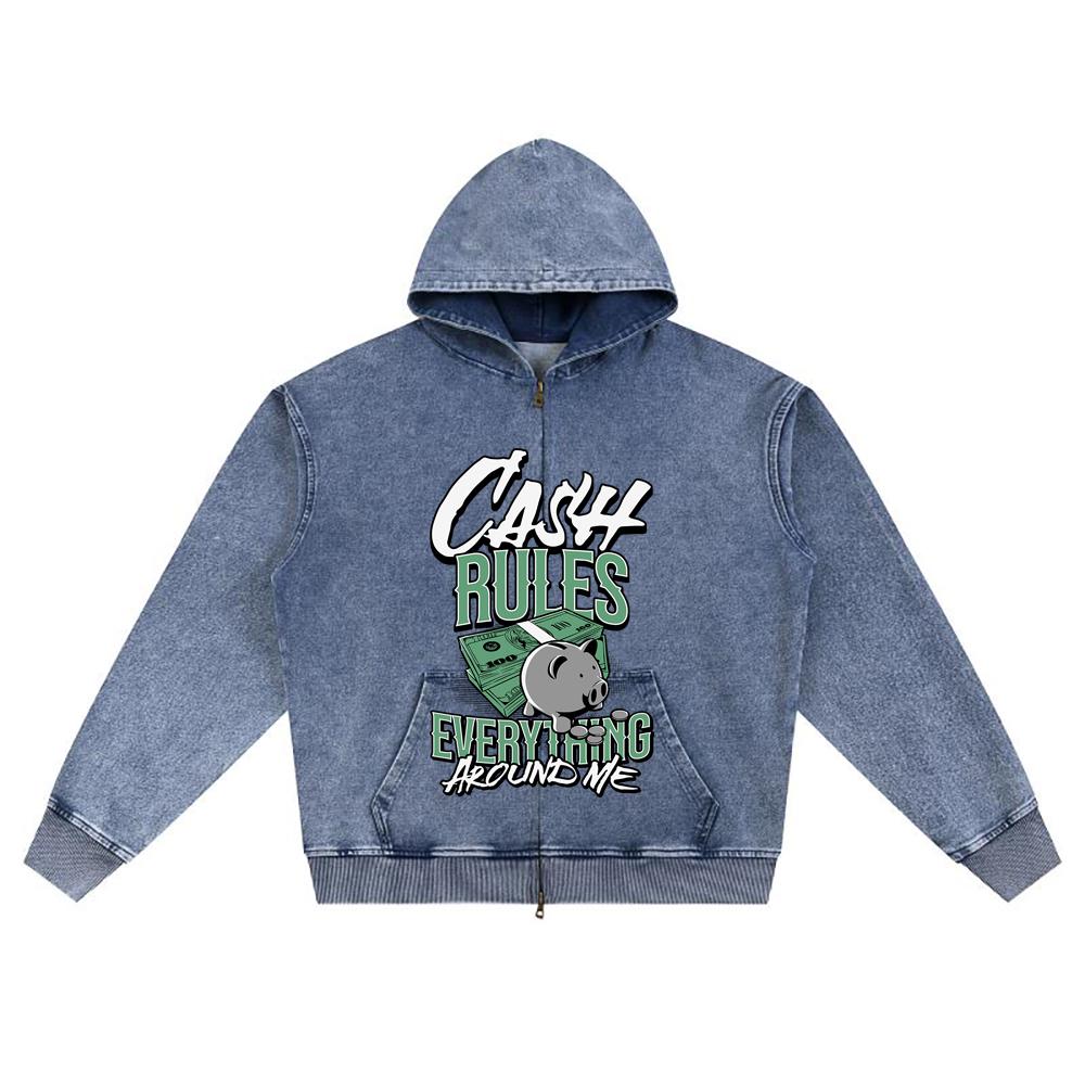 DTG Print Knitted Denim Zip-Up Hoodie Cash Rules Brother Print Zipper Hoodies  
