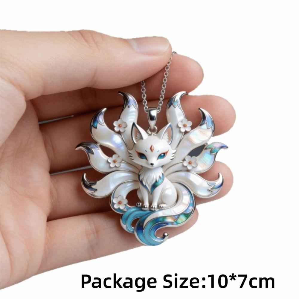 Silver Tone Chain Nine-Tailed Fox Necklace Guardian Charm Pendant Spiritual Jewelry