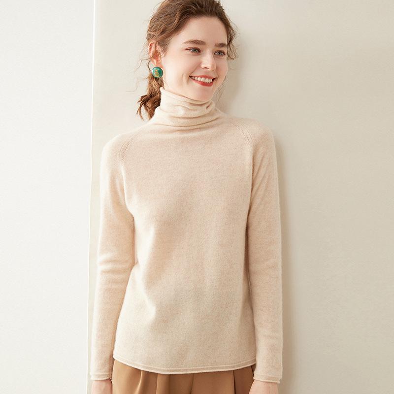Women's Cashmere Sweater: Rolled Hem, Pile Collar, Solid Color, Loose Fit, Slimming Raglan Sleeve, Pure Wool Knit.