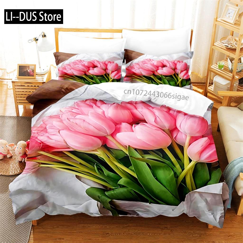 Flower Plants Bedding Set Pink Rose Duvet Cover Set 3d Bedding Digital Printing Queen Size Bedding Set Fashion Design