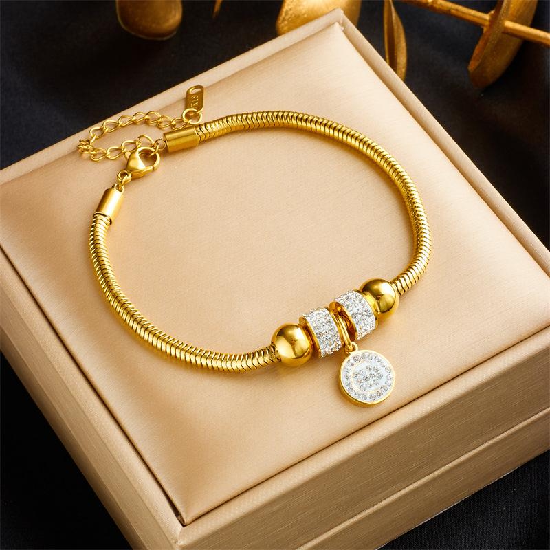 Gold Plated Snake Chain Bracelet with Zircon Charm золотой