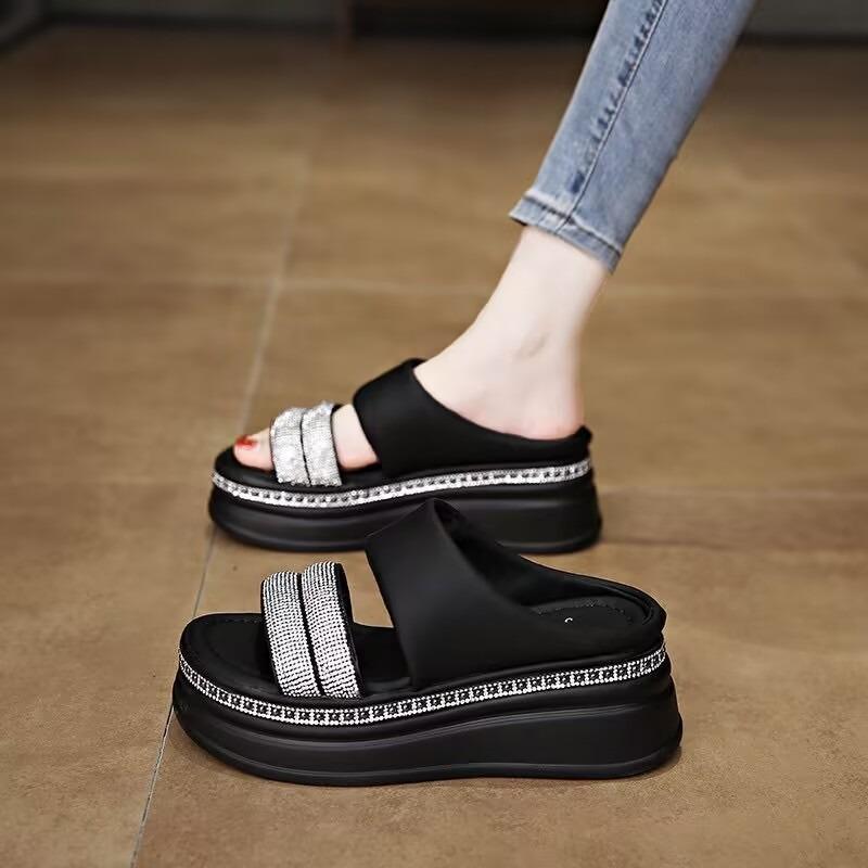 Beautiful Platform Slippers Women's Summer Wear New Versatile Fashion with Skirt Rhinestone Slope Heel One-word Sandals