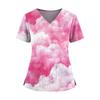 Women's Gradient Print V-Neck Double Pocket Short Sleeves Hem Slit Uniform Caregiver Top