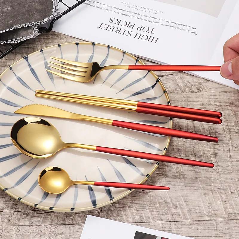 Nordic Stainless Steel Steak Knife Fork Spoon Teaspoons Chopsticks 5 Pieces Set Mirror Frosted Luxury Kitchen Tableware Set Home Party Dinnerware Set