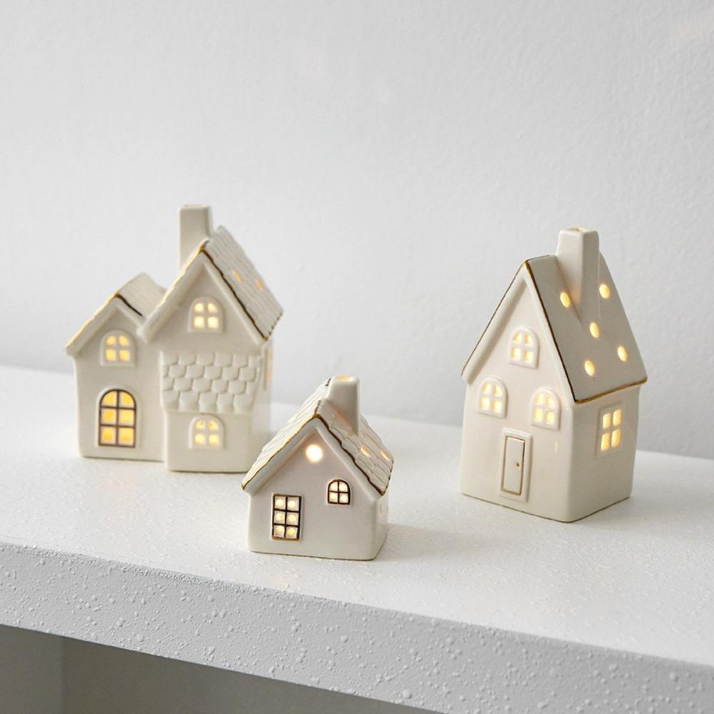 LED Light Up Porcelain Village House White Tabletop Ornaments New House Figurines  Winter Decor