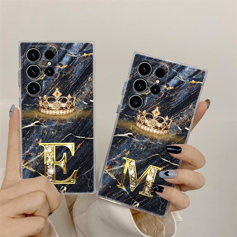 Initial Letter E M I J L Phone Case For Samsung Galaxy S24 S23 Ultra S22 S20 Plus S21 FE Clear Cover Fashion Marble Crown Fundas