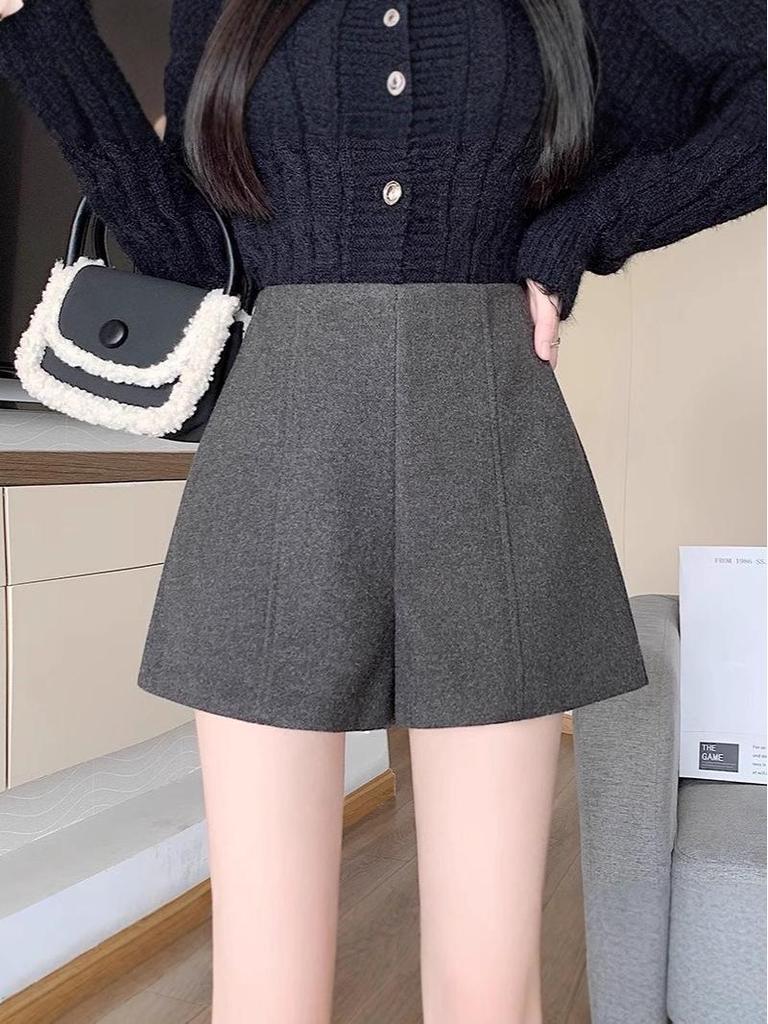 Gray Wool Blend Women's High Waist A-Line Wide Leg Shorts for Autumn/Winter