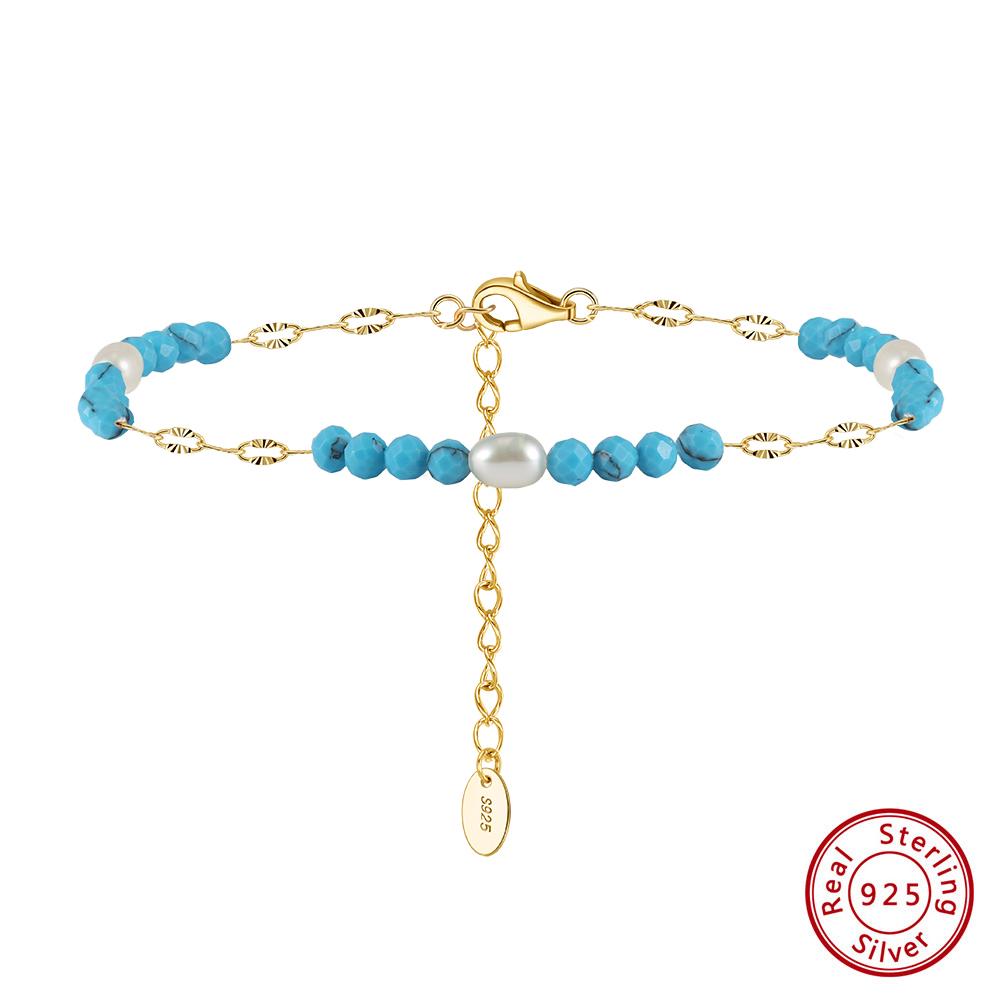 Effie Queen S925 Silver Women's Summer Natural Stone Turquoise Malachite Amethyst Chain Bracelet with Pearl Dainty Gift MPB14