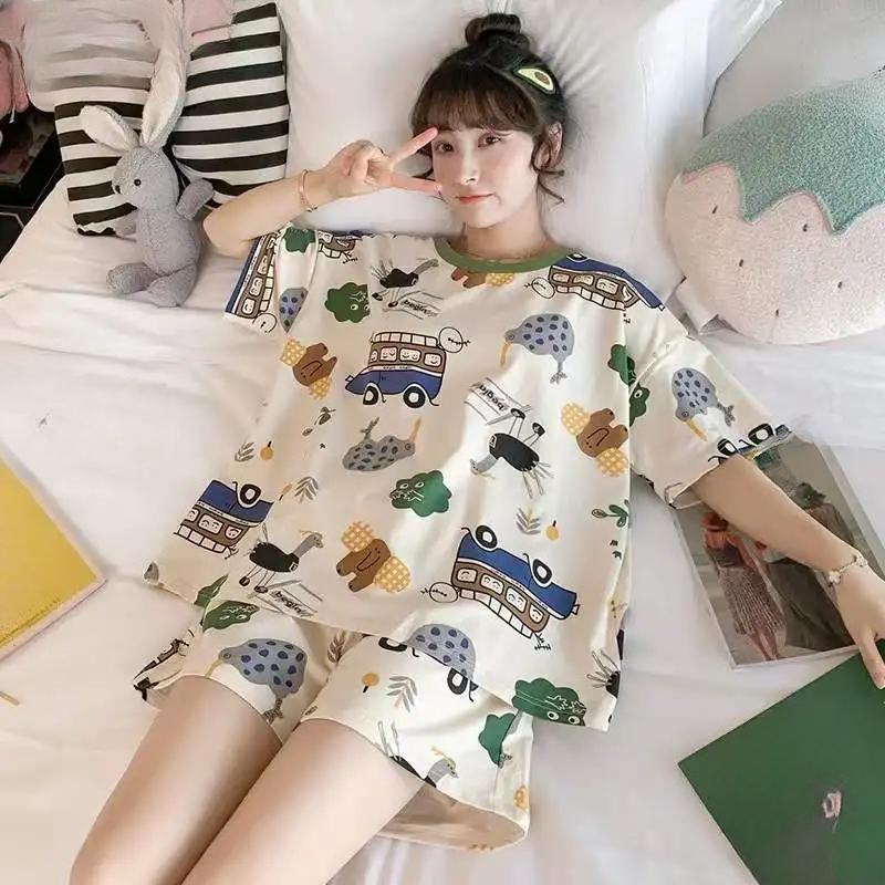 Women's Pajamas Set Sweet Cartoon Sleepwear Print Tops and Shorts Pajama 2 Piece Suit Homewear Nightwear Loungewear for Autumn