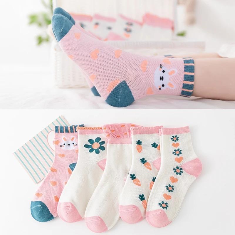 5 Pairs Girls Summer Mesh Thin Socks Soft Breathable Mid Calf Length Non Stuffy Comfortable For Kids