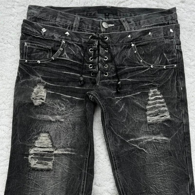 Vintage Double Waisted Lace Up Micro Flared Women Jeans Y2K Washed Wide Leg American Style Denim Pants Baggy Streetwear