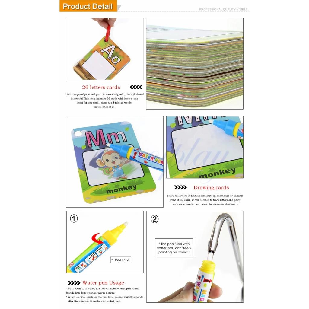 Water Drawing Card 26 Alphabet Coloring Book & 2 Magic Pen Letter Card Painting Board English Learning Educational Toys