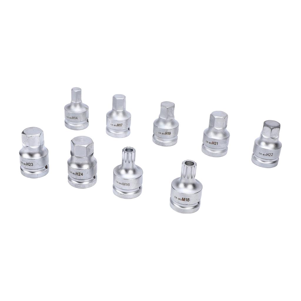 9PCS 3Celsius4 Inch Drive Hex Spline Bit Socket Set Cr-Mo Alloy Steel H17 H19 H21 H22 H23 H24 Hex Bit Spline Bit Socket Kit for Automotiv