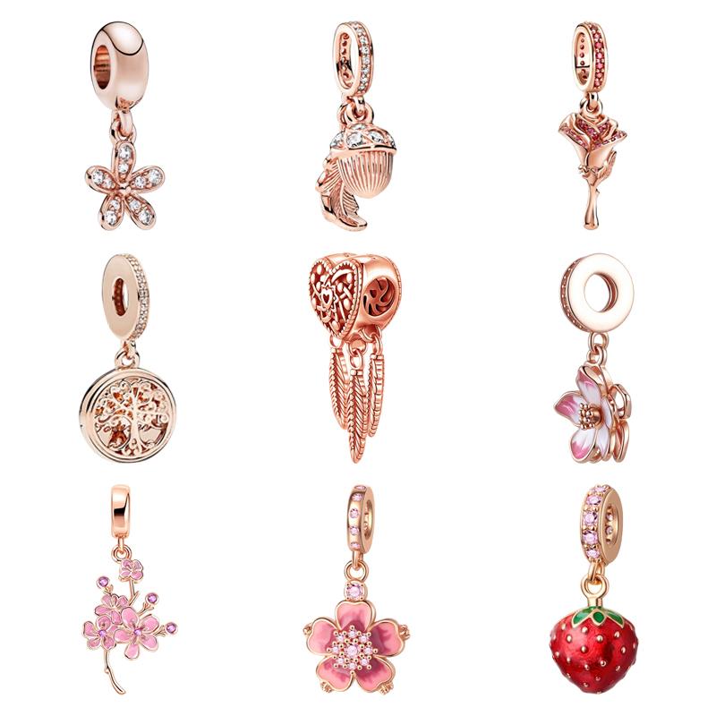 Charms Diy Women Jewelry Gift Sparkling Rose Gold Flowers & Hearts Family Tree Daisy Flower Beads Fit Original Bracelet
